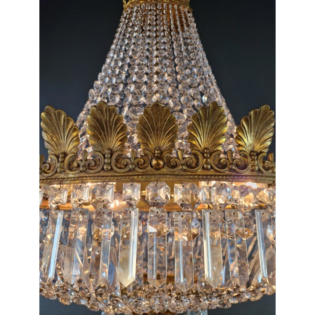 Antique Art Nouveau Low Oval Plafonnier Crystal Chandelier Brass For Sale - Image 12 of 15