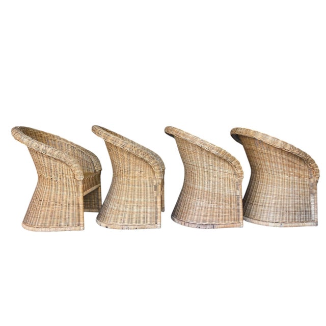 Vintage Organic Modern Wicker Pedestal Dining Table & 4 Barrel Chairs, 48” Glass Top For Sale In Naples, FL - Image 6 of 17