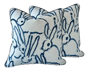 Early 21st Century Hutch Print Blue & White Feather Down Pillows - a Pair
