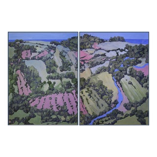 "Color Fields and Stream" Large Diptych Landscape Painting by American Expressionist George Brinner For Sale