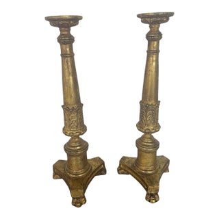 Pair of Antique Giltwood Candlesticks With Paw Feet, Neoclassical Style For Sale