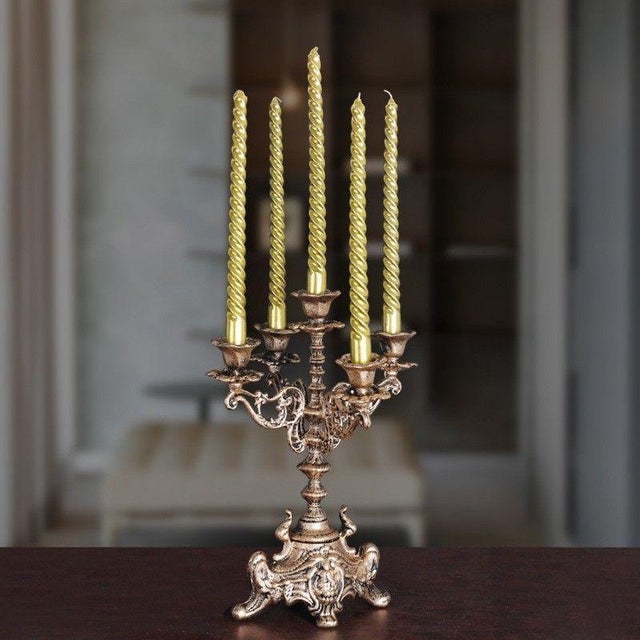 Late 20th Century Ornate Gold Cast Iron Candelabra – 12.8" Five-Arm Candle Holder For Sale - Image 5 of 9