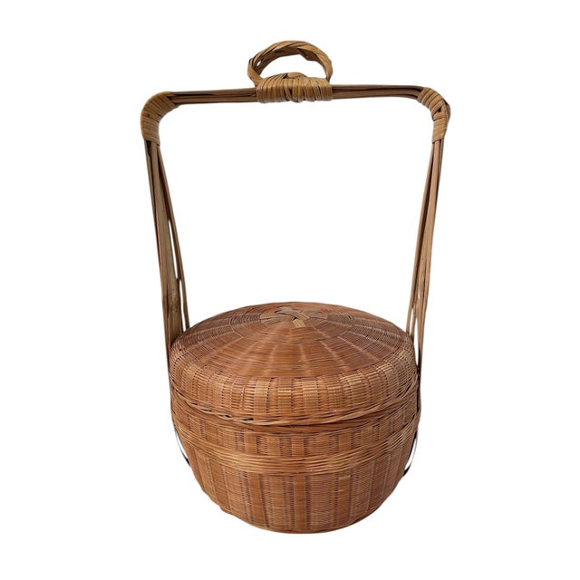Chinese Vintage Wicker Chinese Wedding Basket With Handle 15”Dx25”H For Sale - Image 3 of 8