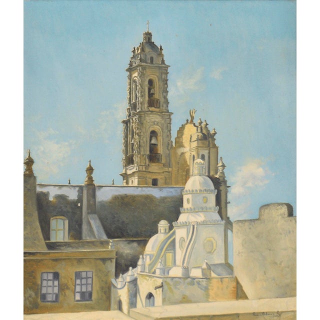 Exquisitely detailed depiction of a church tower by an unknown artist (20th Century). Signed in the lower right corner...