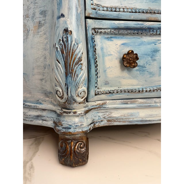 Vintage Distressed Blue Dresser | Hand-Painted 3-Drawer Chest | Shabby Chic French Country | Carved Details | Maison Martine | One of a Kind For Sale - Image 9 of 12