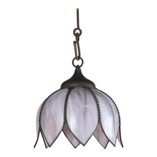 Pink Slag Glass and Brass Lotus Flower Pendant Light, 1950s For Sale