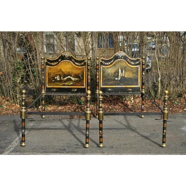 Remarkable pair of antique, 19th C, hand painted and mother of pearl inlaid signed single beds. This breathtaking pair...