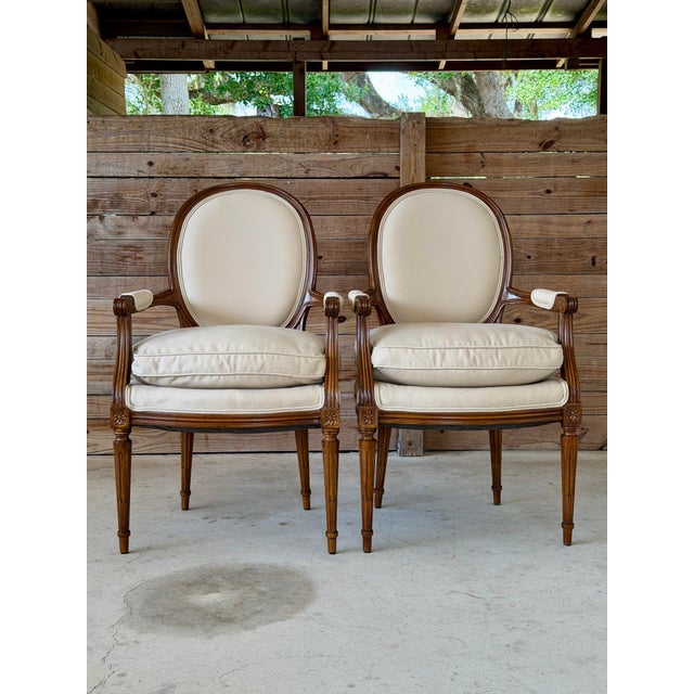 Pair of Antique French Louis XVI Style Oval Back Fauteuil Armchairs For Sale - Image 11 of 11