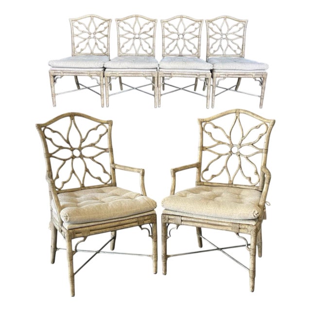 Ferguson Copeland Pavillion Dining Chairs, Set of Six, Fretwork Rattan, Target Back, Vintage For Sale