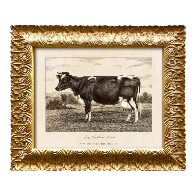 Reproduction Art Print of Vintage Holstein Cow (1) in Ornate Gold Frame For Sale