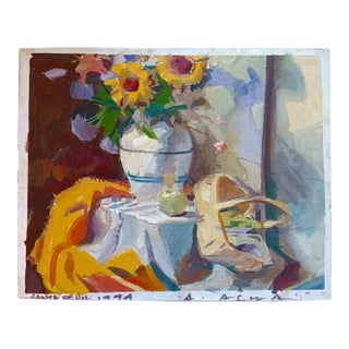 Picnic With Sunflowers Original Still Life Oil Painting by David Beynon Pena For Sale