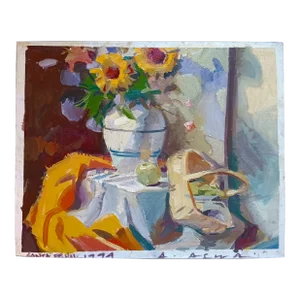 Picnic With Sunflowers Original Still Life Oil Painting by David Beynon Pena