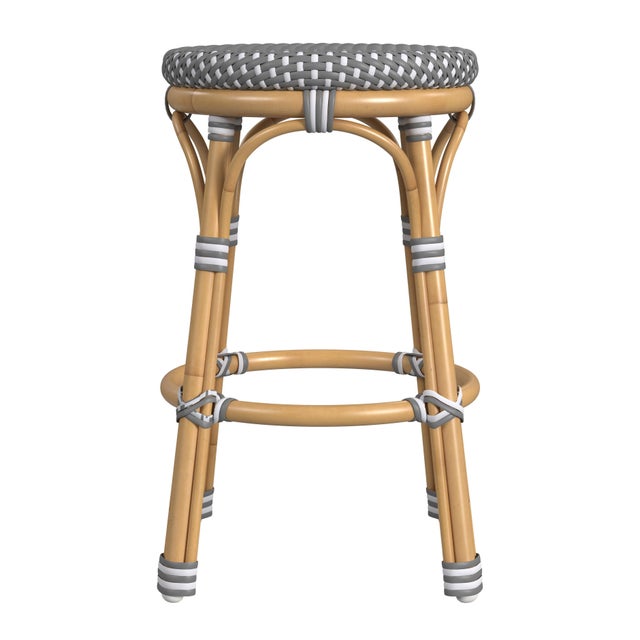 2020s Tobias 24.5 in. Seat Height Outdoor Rattan and Metal Backless Counter Stool, Gray/White Dot / Natural Rattan Frame For Sale - Image 5 of 7