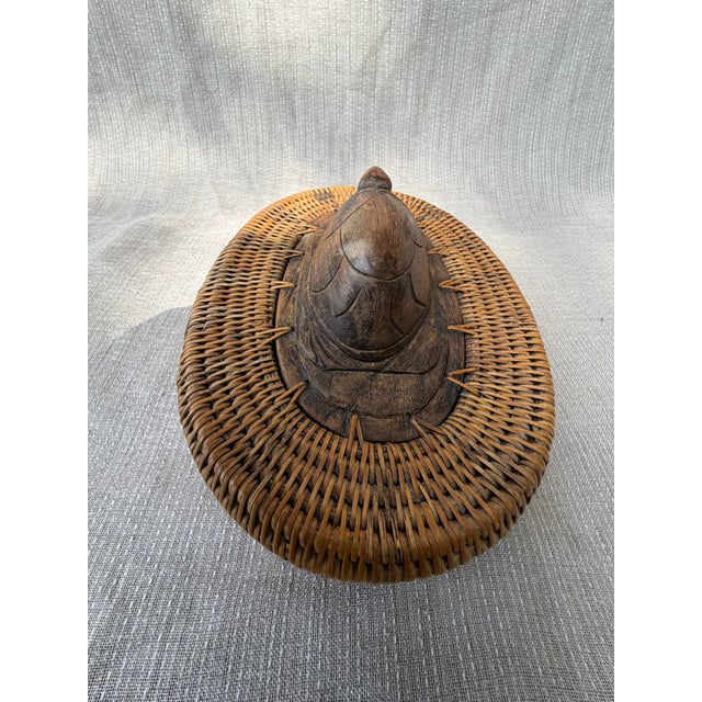 Vintage Indonesian Lombok Woven Rattan Lidded Basket With Wood Carved Turtle For Sale - Image 14 of 18
