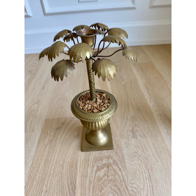 1970s Vintage Heavy Brass Palm Tree Candlesticks in Urn Bases – Set of Three – Circa 1970s For Sale - Image 5 of 8
