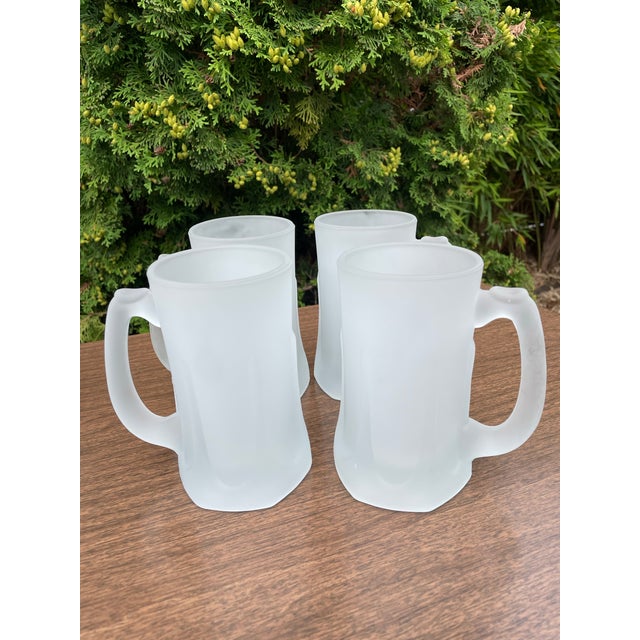 1970s Mid-Century Modern Frosted Sculpted Glass Pitcher & Mugs - Set of 5 For Sale - Image 4 of 10