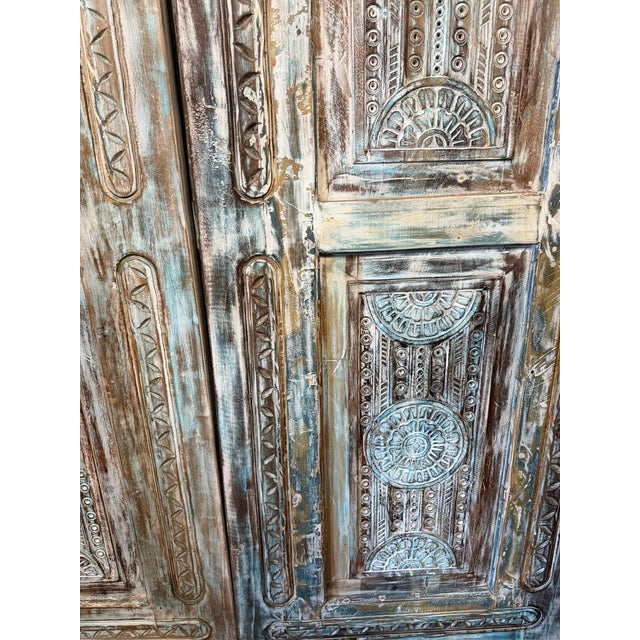1920s Antique Hand-Carved Distressed Blue Floral Door – Vintage Wooden Bedroom Entry Door 96x31.5 For Sale - Image 5 of 12