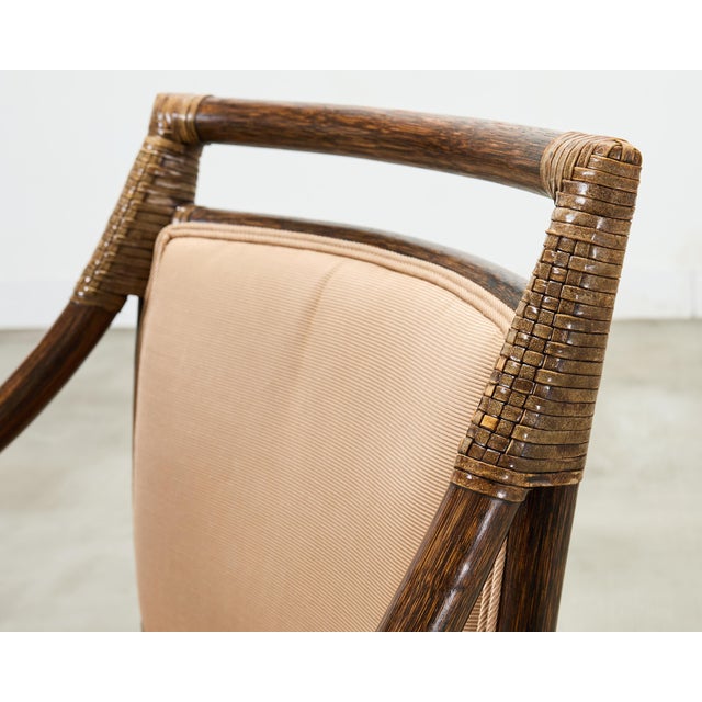 Wood Set of Four McGuire Rattan Target Upholstered Dining Armchairs For Sale - Image 7 of 18