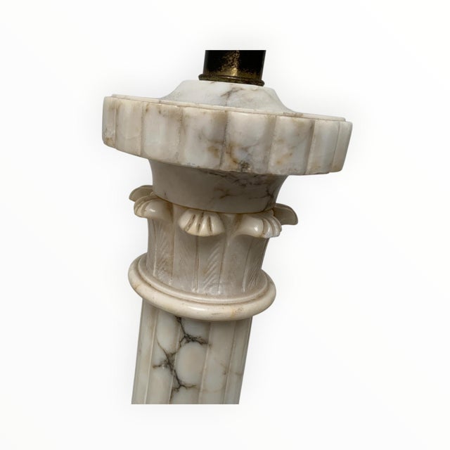 Alabaster Vintage Italian Neoclassical Alabaster Column Table Lamps With Laurel Wreath Finials - a Pair For Sale - Image 8 of 9