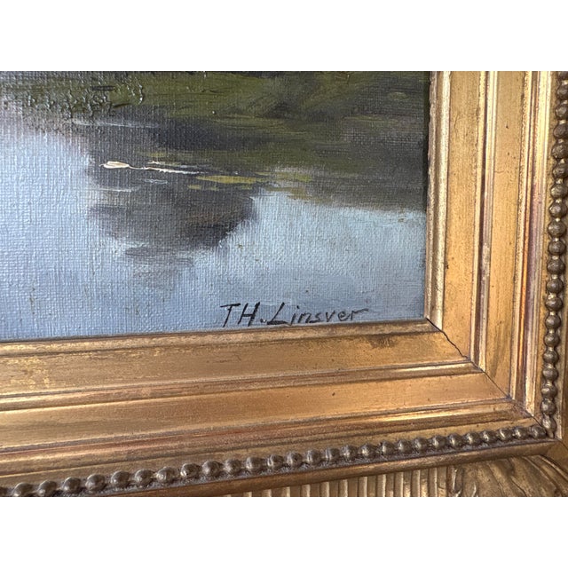 Th Linsyer, Lively Landscape by a River, 1890s-1910s, Oil on Canvas, Framed For Sale - Image 10 of 17