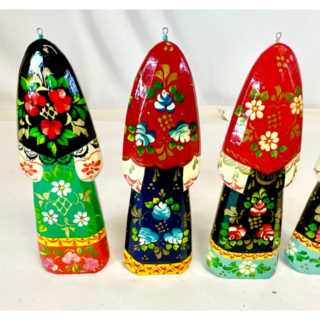 Wood Vintage Boho Chic Folk Art Russian Hand Crafted Christmas Ornaments - Set of 6, Large For Sale - Image 7 of 9