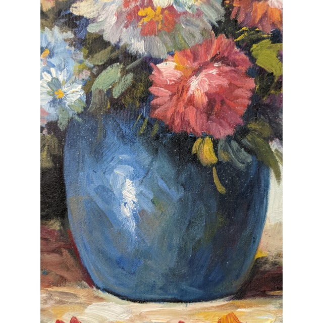 Shabby Chic Mid 20th Century Impressionist Still Life Floral Bouquet Oil Painting Signed For Sale - Image 3 of 9
