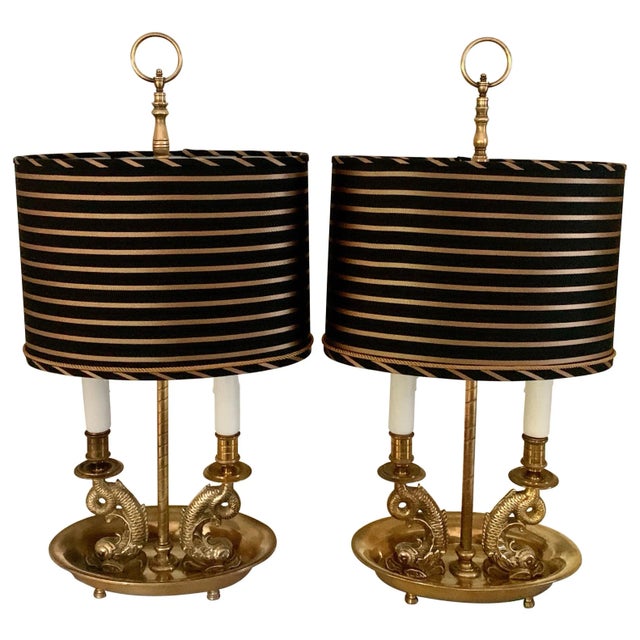 Mid 20th Century Brass Dolphin Bouillotte Lamps with Custom Silk Shades - A Pair For Sale - Image 13 of 13