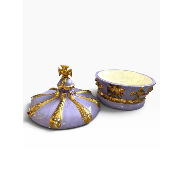 Vintage 1972 Purple & Gold Jeweled Crown Lidded Ceramic Jar For Sale In Portland, ME - Image 6 of 8