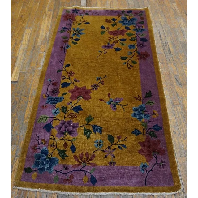 1920s Chinese Art Deco Carpet ( 3'1" x 5'10" - 94 x 178 ) Yellow / Gold Orange Floral Wool Antique 1920s Rectangle Hand...