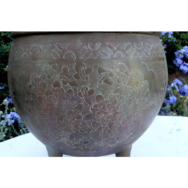 Metal 8" Vintage Hand-Chased Brass Cachepot Jardinere – Peony & Chrysanthemum Engravings For Sale - Image 7 of 15