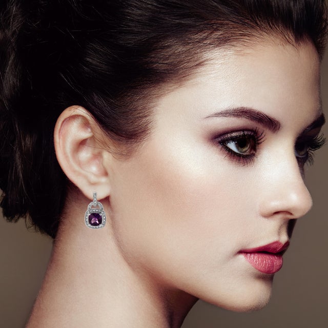 Early 21st Century .925 Sterling Silver 8MM Natural Cushion Shaped Amethyst and Diamond Accent Halo with Push Back Dangle Earrings (I-J Color, I2-I3 Clarity) For Sale - Image 5 of 6