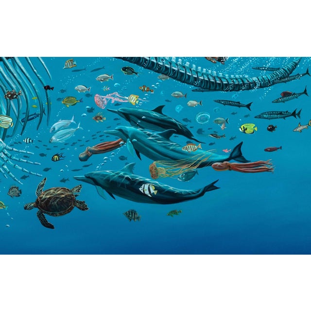 Bake-kujira by Robin Hextrum | Oil on canvas Depiction of a whale skeleton surrounded by marine life. For Sale - Image 4 of 5