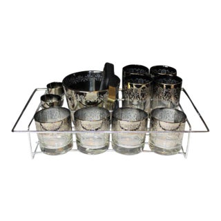 Mid Century Silver Fade Glasses With Silver Metal Filigree Overlay, in Chrome Carrier - 13 Pieces For Sale