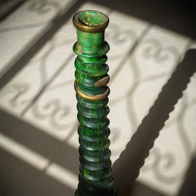Handmade Tamegroute Green Glazed Ceramic Candlestick With Brass Details For Sale - Image 4 of 6