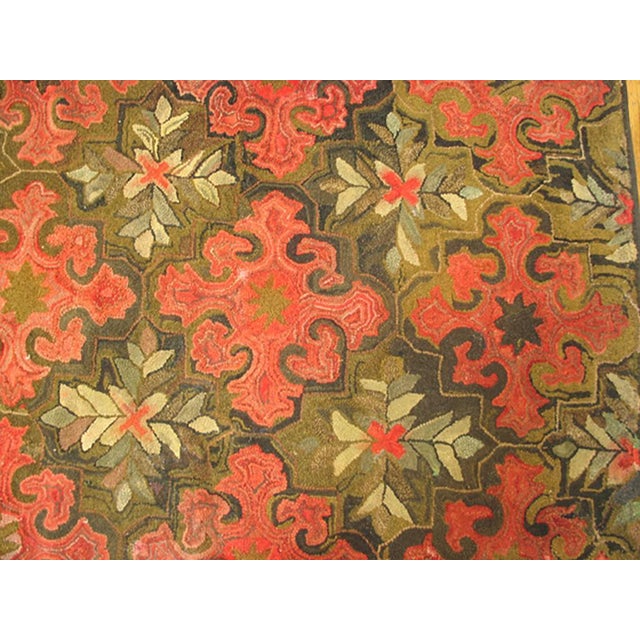 1880s Brown Geometric Floral Antique American Hooked Rug 7'2" X 8'9" Knotted Pile Wool Carpet For Sale - Image 4 of 4