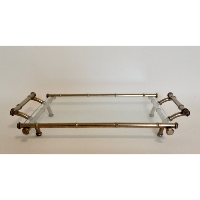Mid Century Modern Silver & Glass Faux Bamboo Serving Drinks Cocktail Tray For Sale - Image 11 of 12