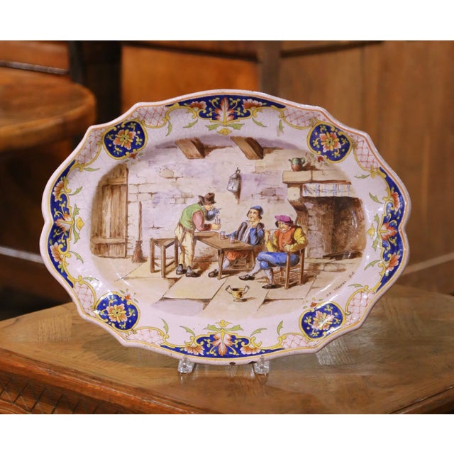 19th Century French Desvres Faience Platter With Tavern Scene Signed Teniers For Sale In Dallas - Image 6 of 12