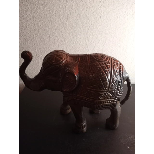 Contemporary Solid Bronze Ornate Trunk-Up Elephant Figurine For Sale - Image 3 of 7