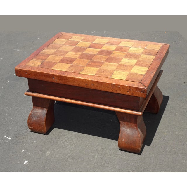1970s Vintage French Country Oak Checkered Brown Footstool For Sale - Image 5 of 12