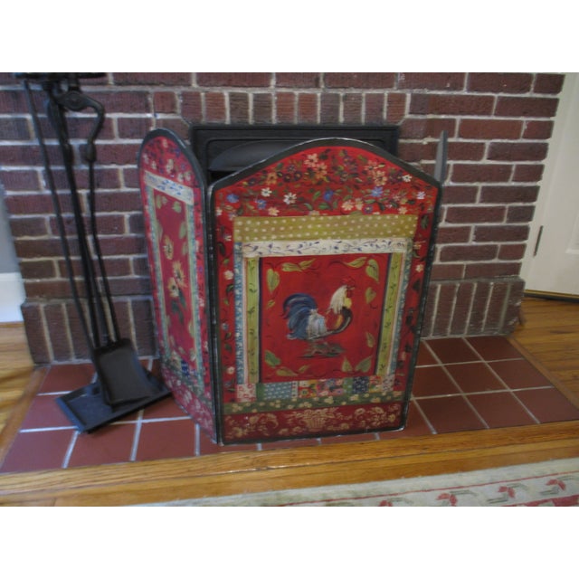 This is a Vintage French Country Red & Multi Colored Ornate Rooster Design Fire Screen with a design of beautiful flowers...
