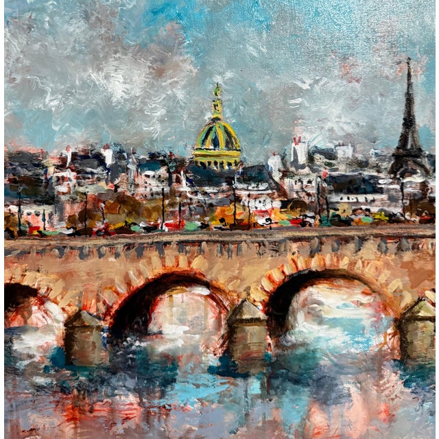 Textile Urbain Huchet, Post Impressionist Fauvist Art French Oil Painting Paris Bridge Urbain Huchet, c.1998 For Sale - Image 7 of 14