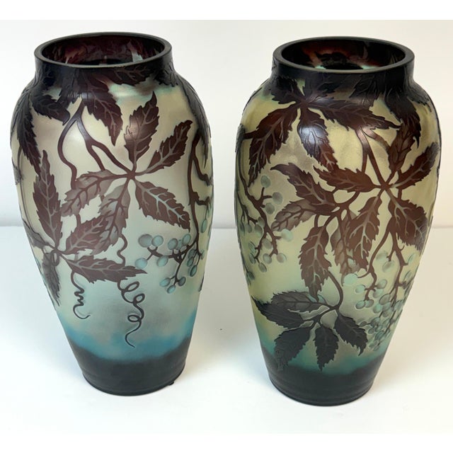 Pair of Stunning French Cameo Glass Vases in the Style of Gallé For Sale In West Palm - Image 6 of 14