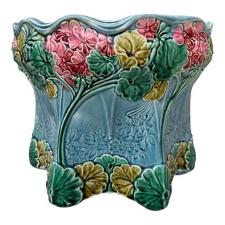 Majolica Aqua Hydrangea Cachepot Sarreguemines, Circa 1900 For Sale