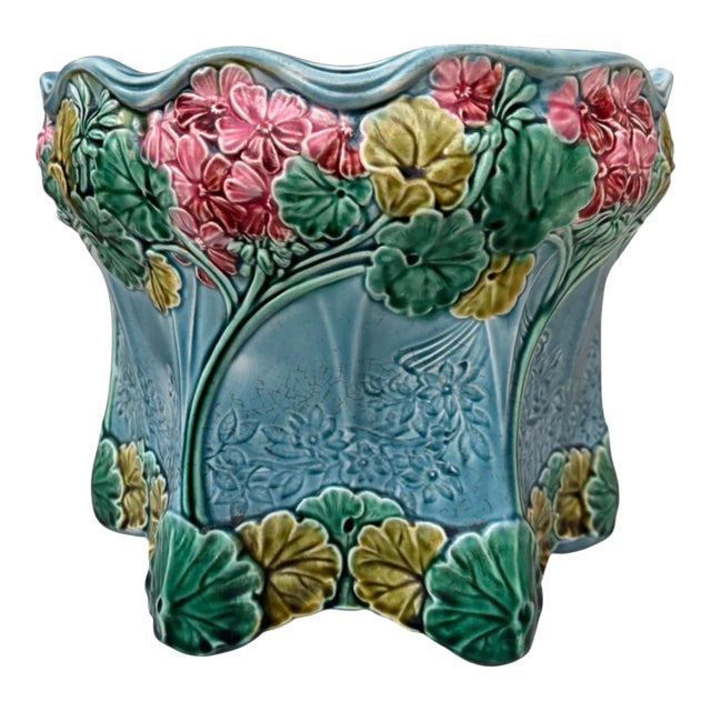 Majolica Aqua Hydrangea Cachepot Sarreguemines, Circa 1900 For Sale