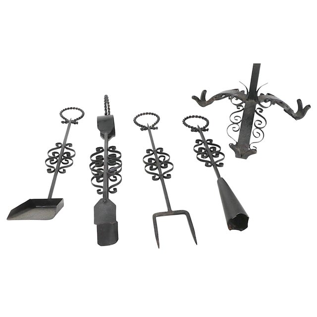 Metal Vintage 5 Pc. Wrought Iron Fireplace Tool Set in the Spanish Style For Sale - Image 7 of 8
