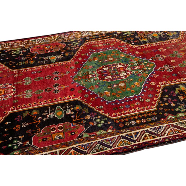 Green Red and Green Vintage Shiraz Handmade Geometric Designed Wool Rug For Sale - Image 8 of 10