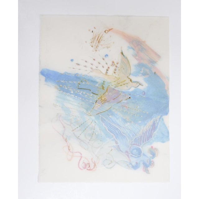 Small late 20th century blue and metallic gold on onion skin type paper abstract bird painting attributed to Eva Bouzard-...