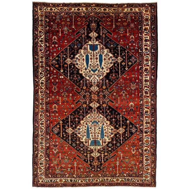 Textile 1900 - 1909 Red Antique Bakhtiari Handmade Wool Rug Allover Motif For Sale - Image 7 of 7