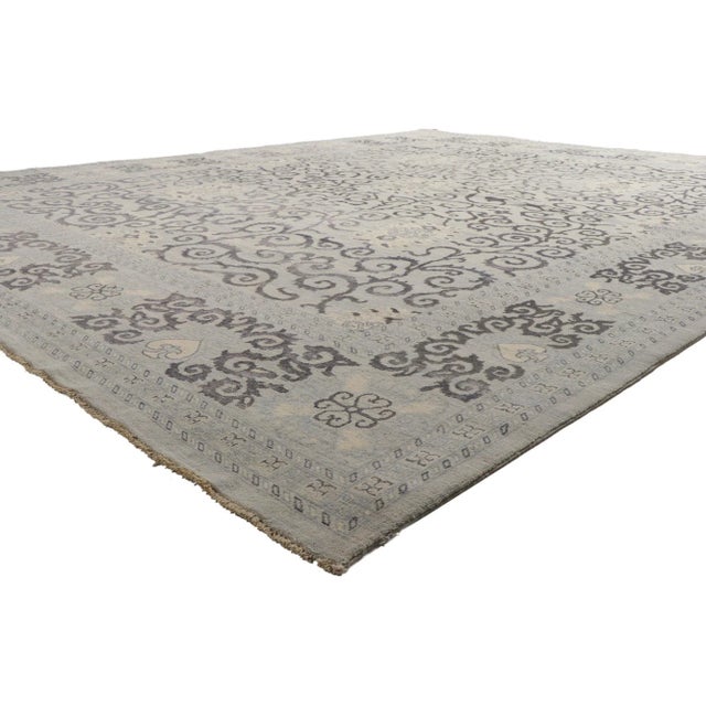 80936 Vintage Baby Blue Pakistani Rug with Modern Style. Serene and sophisticated, this hand-knotted wool transitional...