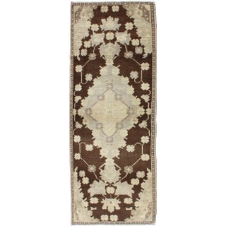 Vintage Turkish Oushak Runner With Dark Mocha Field and Soft Beige Design 2′10″ × 7′5″ For Sale